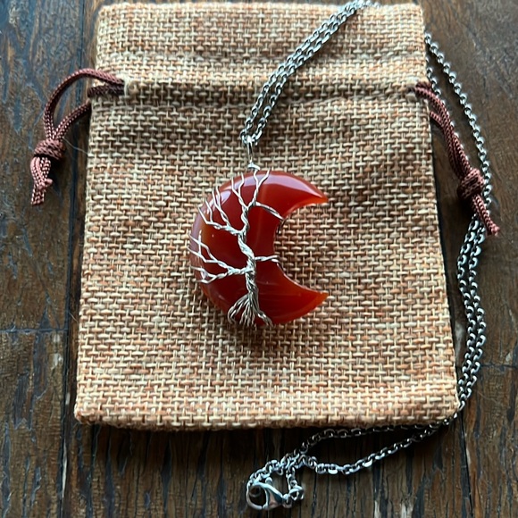 Hand Crafted Jewelry - Carnelian Moon Necklace Red Moon Pendant with Stainless Steel Chain